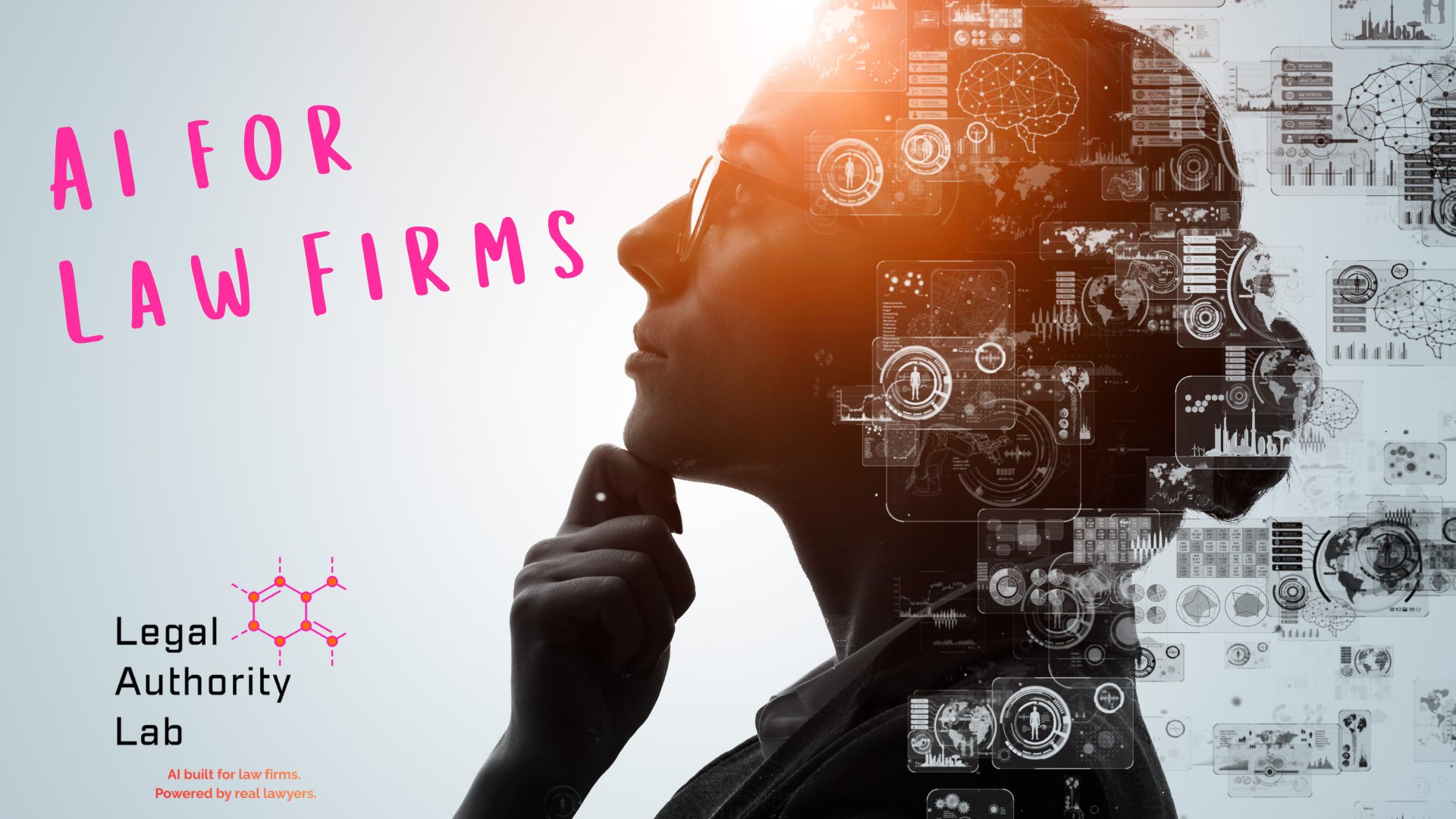 AI for Law Firms, Legal Authority Lab: profile of a woman with digital data overlay